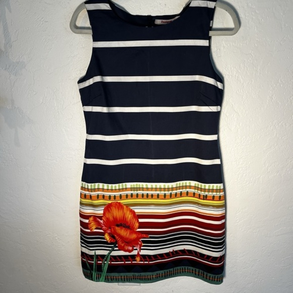 DESIGUAL Spain Womens Sleeveless Sheath‎ Dress IT 38 XS Navy Blue Floral Stripe